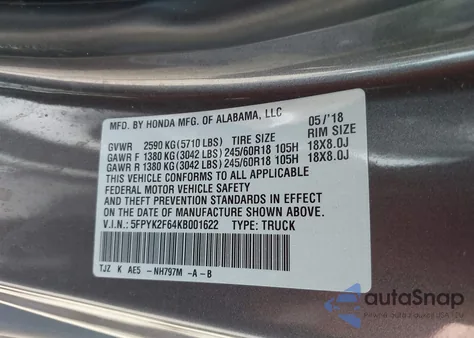 2019 Honda Ridgeline Rtl-T z USA, uszkodzony, nr VIN 5FPYK2F64KB001622